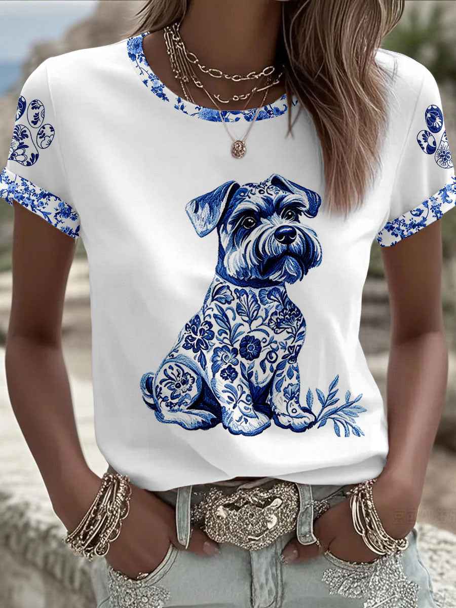 Women's Chinese Style Animal Blue and White Porcelain Print T-shirt