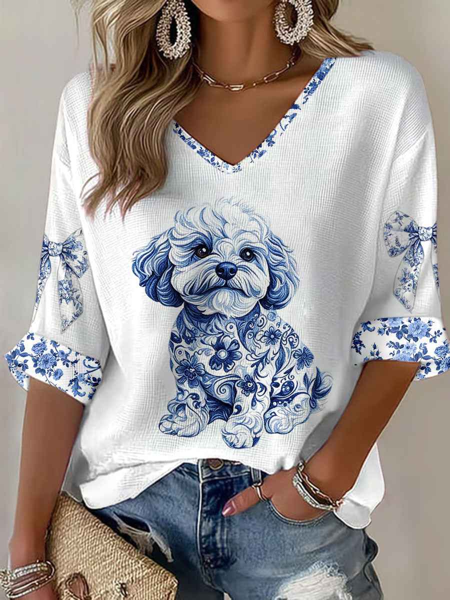 Women's Chinese Style Animal Blue and White Porcelain Print T-shirt