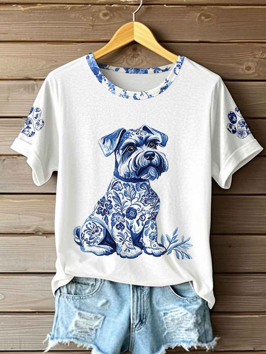 Women's Chinese Style Animal Blue and White Porcelain Print T-shirt