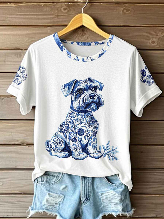 Women's Chinese Style Animal Blue and White Porcelain Print T-shirt