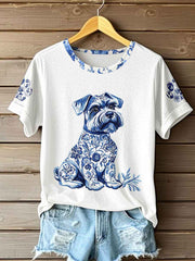 Women's Chinese Style Animal Blue and White Porcelain Print T-shirt