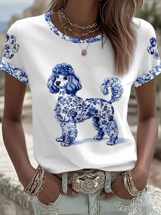 Women's Chinese Style Animal Blue and White Porcelain Print T-shirt