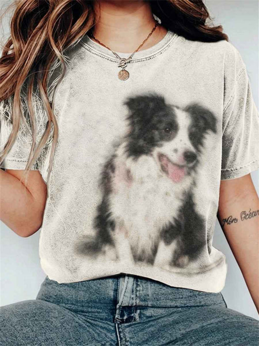 Women's Fuzzy Border Collie Art short-sleeved T-shirt