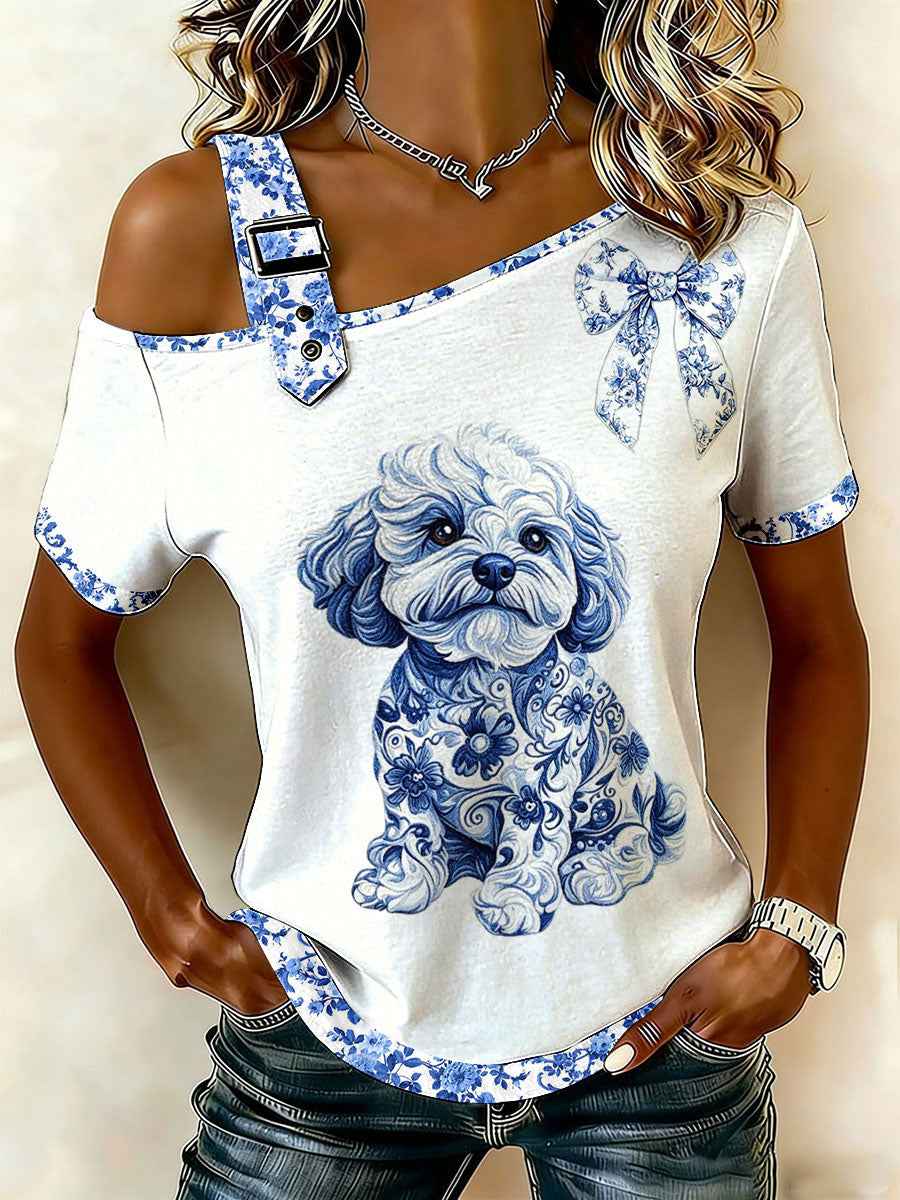 Women's Chinese Style Animal Blue and White Porcelain Print T-shirt