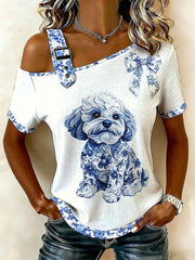 Women's Chinese Style Animal Blue and White Porcelain Print T-shirt