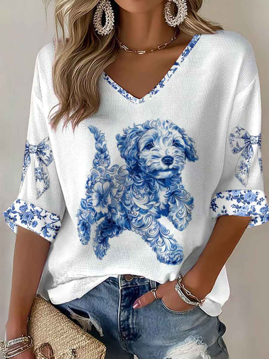 Women's Chinese Style Animal Blue and White Porcelain Print T-shirt
