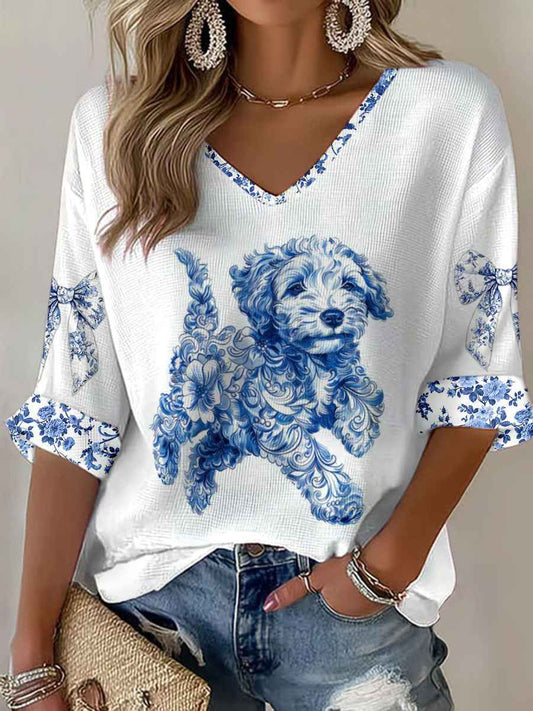 Women's Chinese Style Animal Blue and White Porcelain Print T-shirt