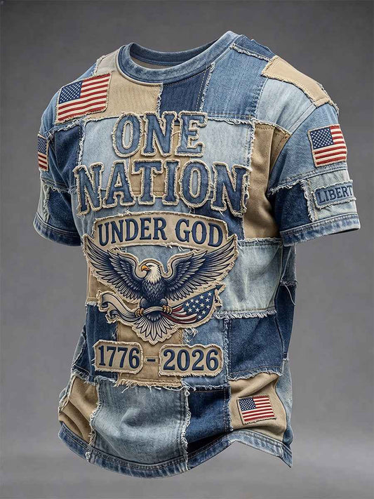 Men's Independence Day Retro USA Flag One Nation Under God Print Casual Patriotic Tee