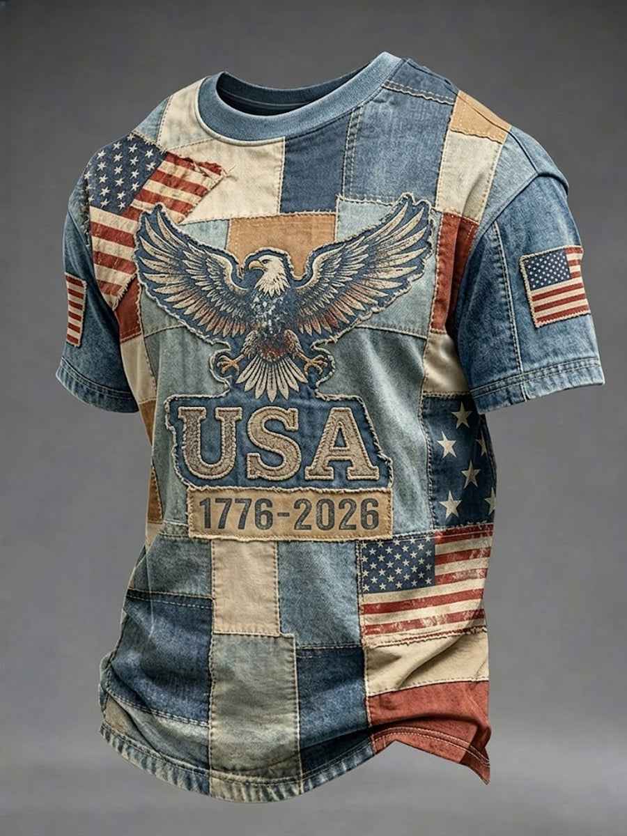 Men's Independence Day Retro USA Flag Print Casual Patriotic Tee