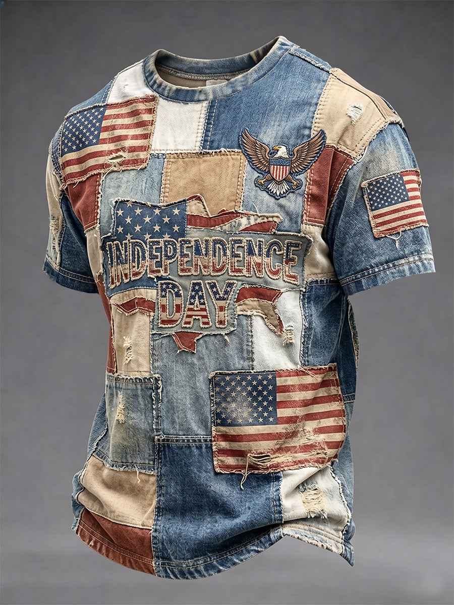 Men's Independence Day Retro USA Flag Print Casual Patriotic Tee