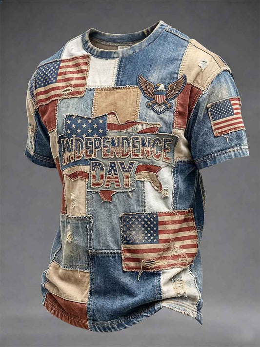 Men's Independence Day Retro USA Flag Print Casual Patriotic Tee