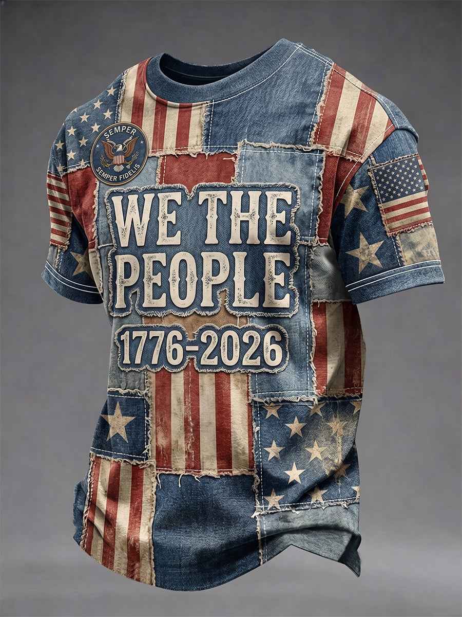 Men's Independence Day Retro USA Flag We The People 1776-2026 Print Casual Patriotic Tee