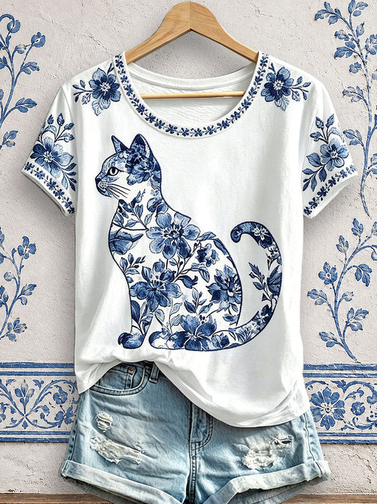 Women's Floral Cat Print T-Shirts gracestitchs