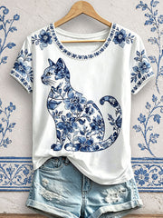 Women's Floral Cat Print T-Shirts gracestitchs