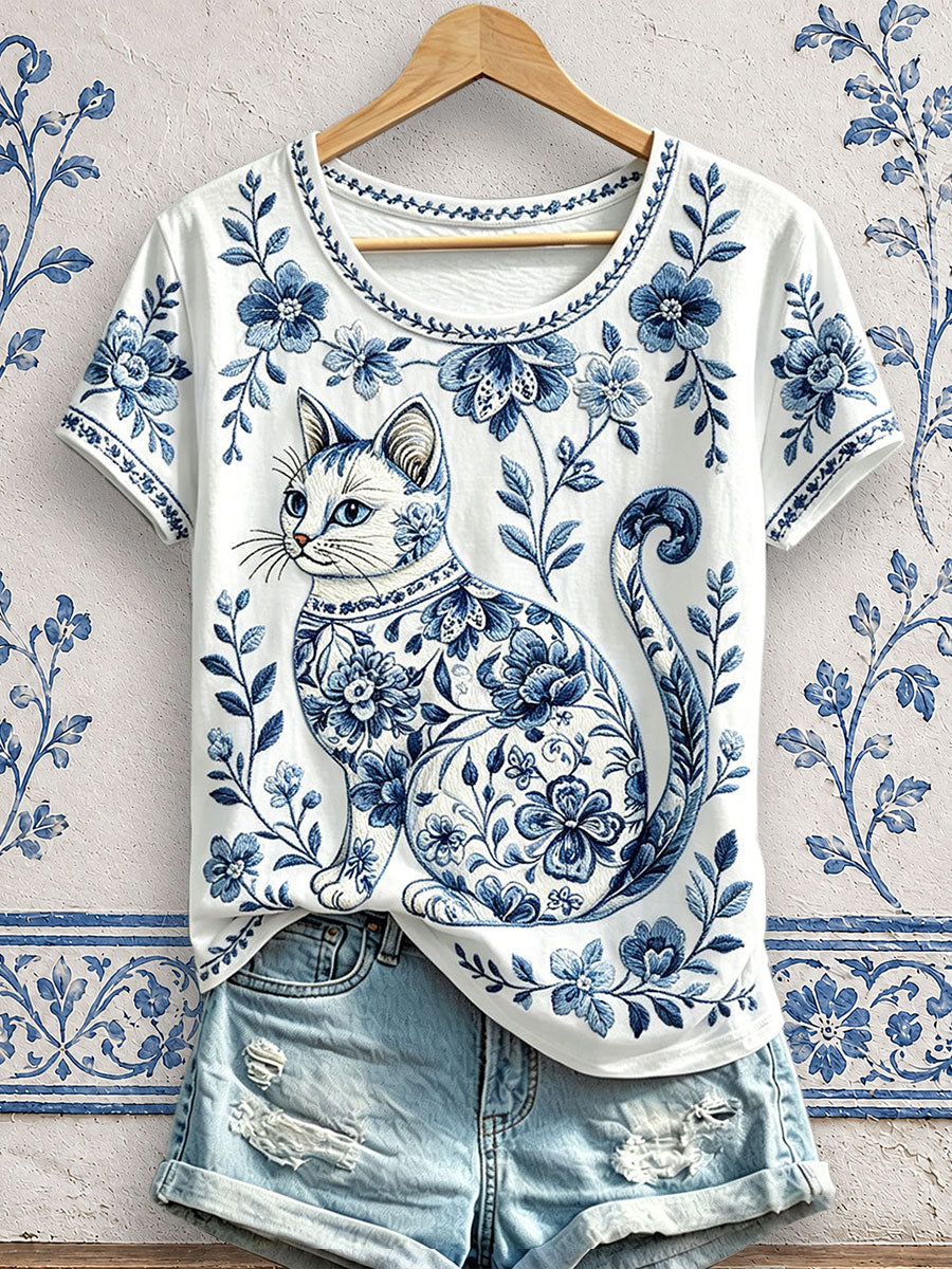 Women's Floral Cat Print T-Shirts gracestitchs