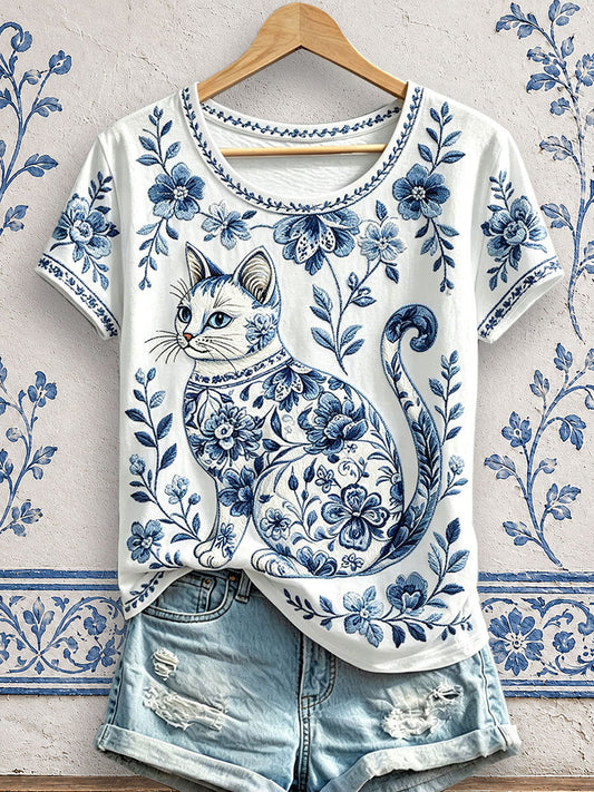 Women's Floral Cat Print T-Shirts gracestitchs