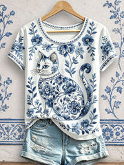 Women's Floral Cat Print T-Shirts gracestitchs