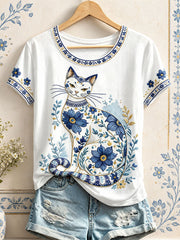 Women's Floral Cat Print T-Shirts gracestitchs