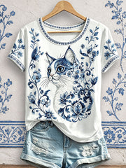 Women's Floral Cat Print T-Shirts gracestitchs