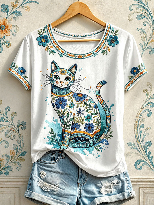 Women's Floral Cat Print T-Shirts gracestitchs
