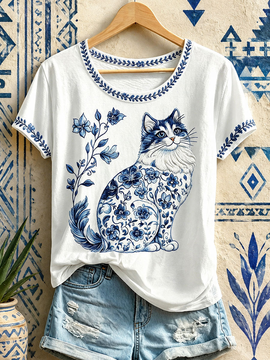 Women's Floral Cat Print T-Shirts gracestitchs