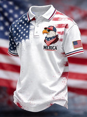 Men's Independence Day Bald Eagle USA Flag Print Casual Patriotic Polo gracestitchs