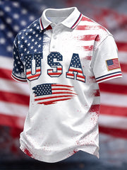 Men's Independence Day USA Flag Print Casual Patriotic Polo gracestitchs