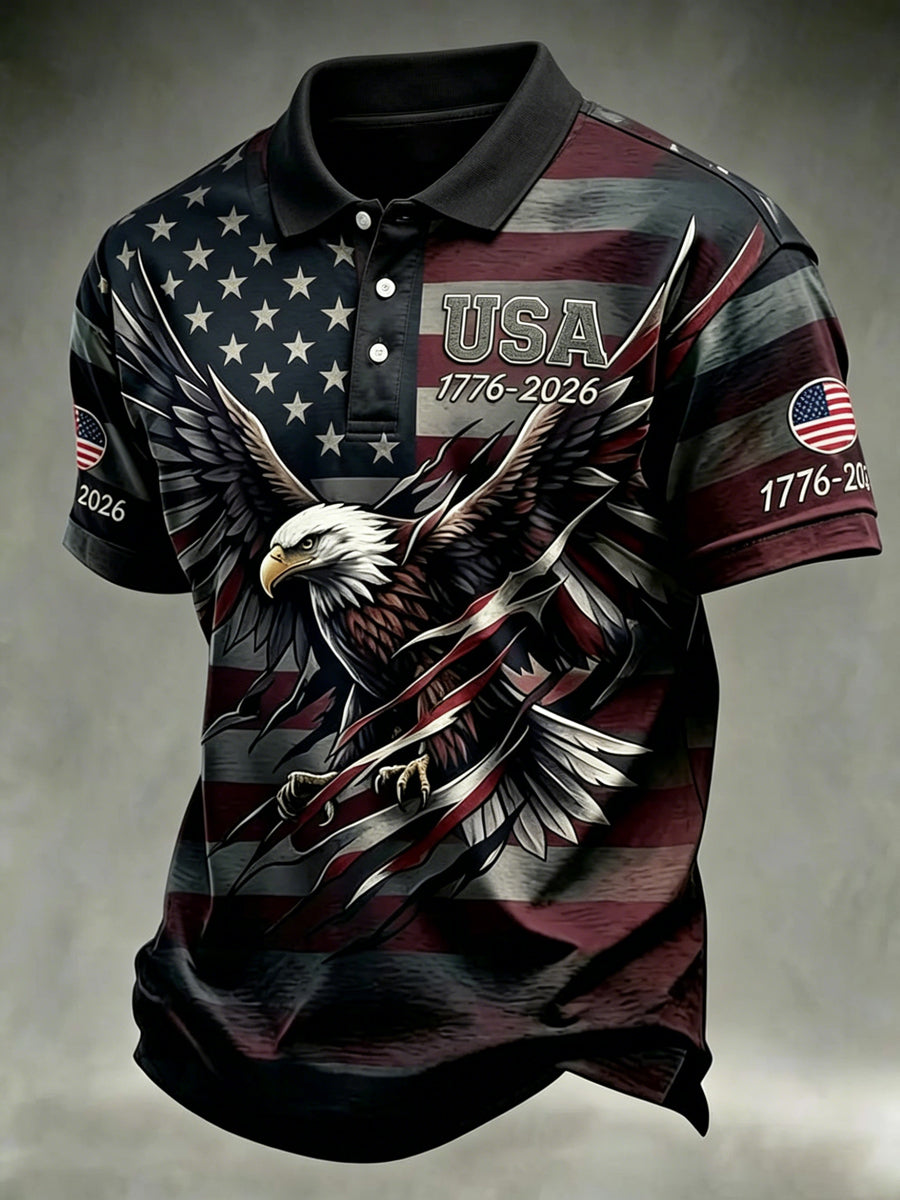 Men's Independence Day USA Flag Bald Eagle Print Casual Patriotic Polo gracestitchs