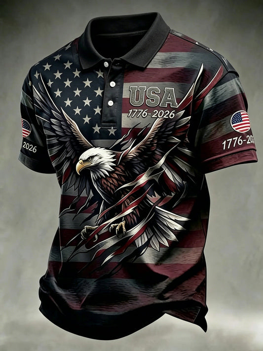 Men's Independence Day USA Flag Bald Eagle Print Casual Patriotic Polo gracestitchs