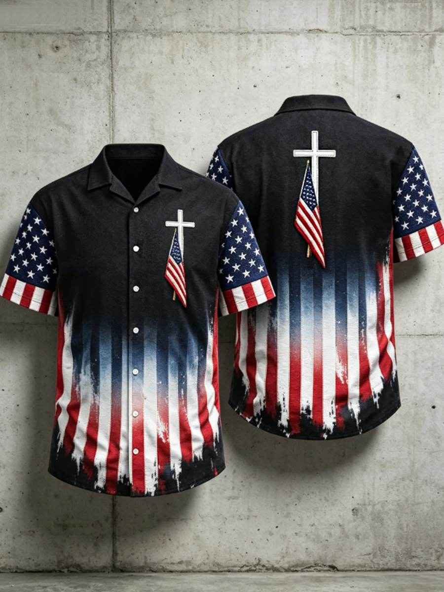 Men's USA Flag Hawaiian Shirt Cross Patriotic American Faith Shirt