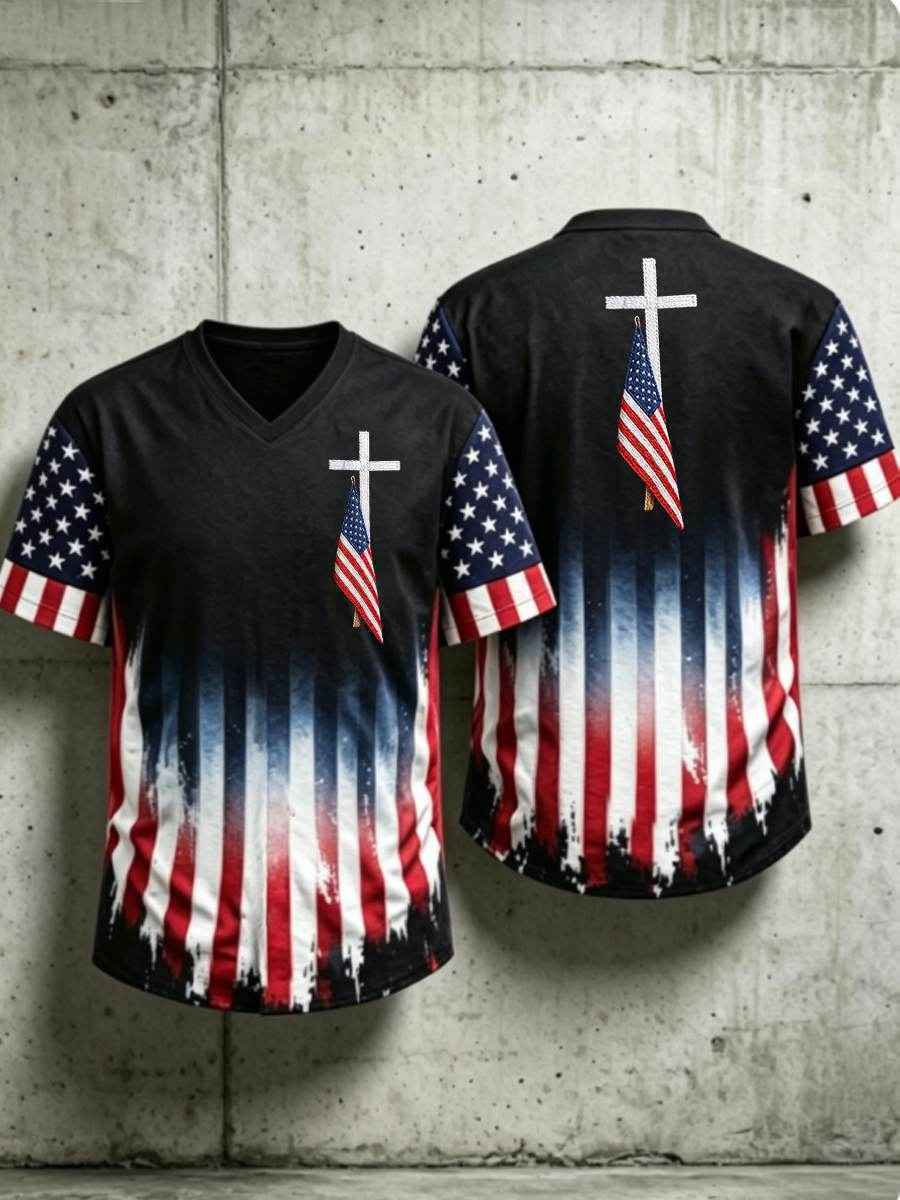 Men's USA Flag Hawaiian Shirt Cross Patriotic American Faith V-neck Tee