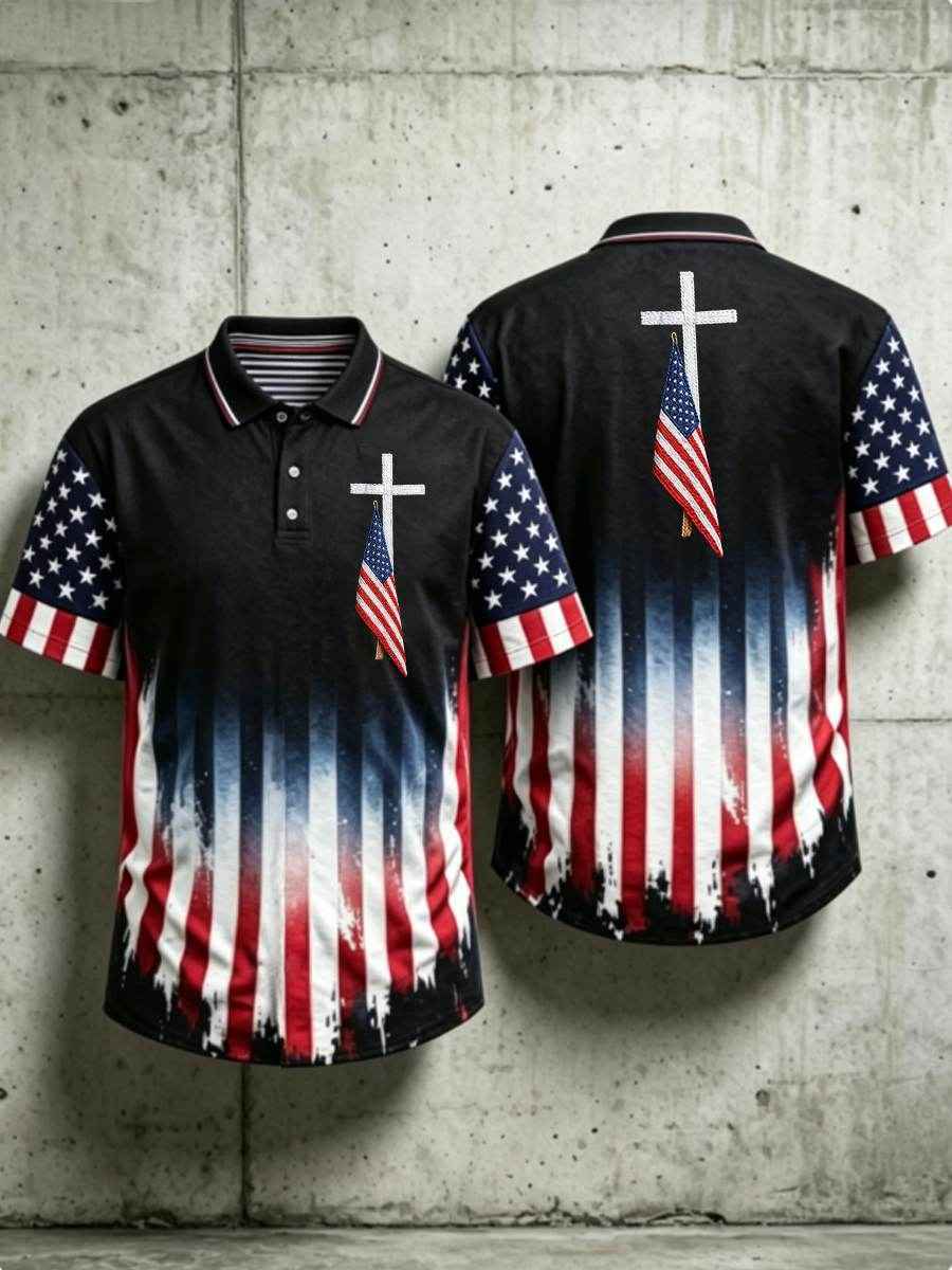 Men's USA Flag Hawaiian Shirt Cross Patriotic American Faith Shirt