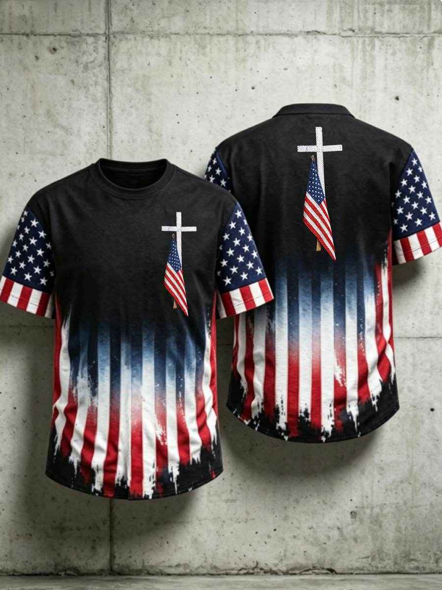 Men's USA Flag Hawaiian Shirt Cross Patriotic American Faith Tee