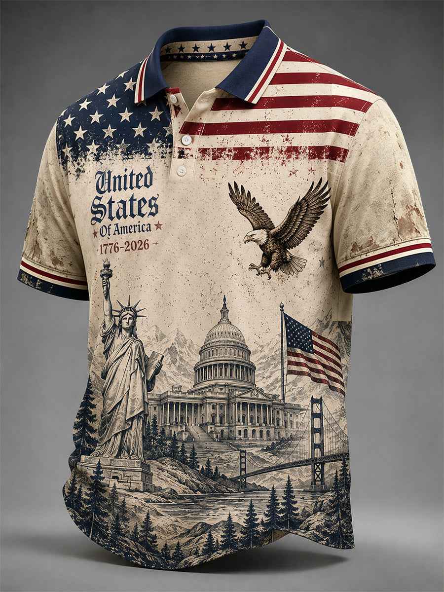 Men's Independence Day United States Of America Print Casual Polo