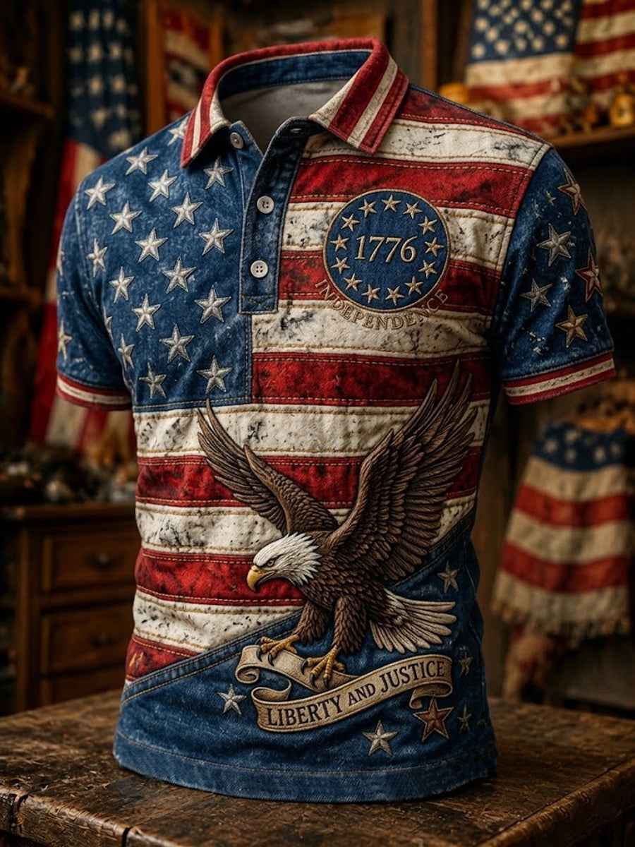Men's Independence Day USA Flag Print Casual Patriotic Polo