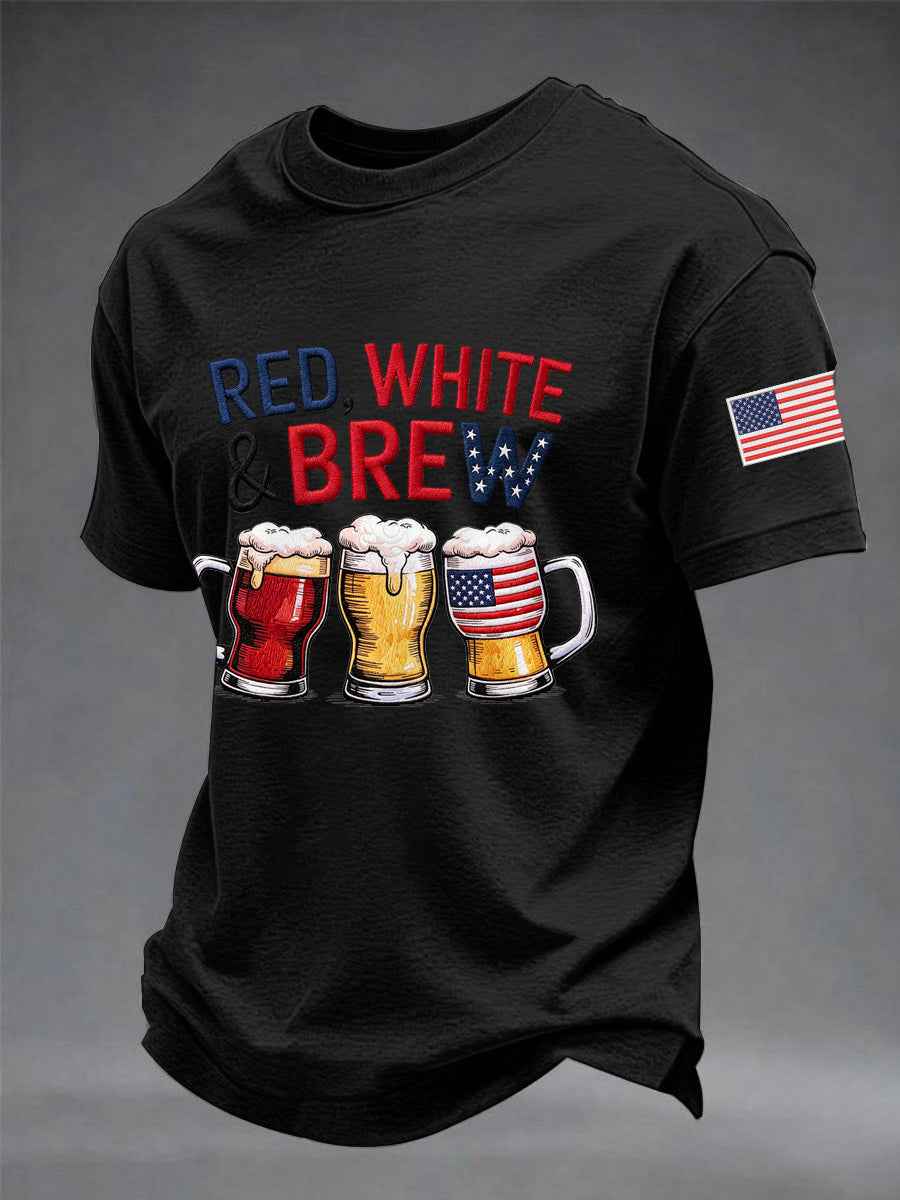 Men's Funny 4th Of July Red White & Brew Print Casual Tee