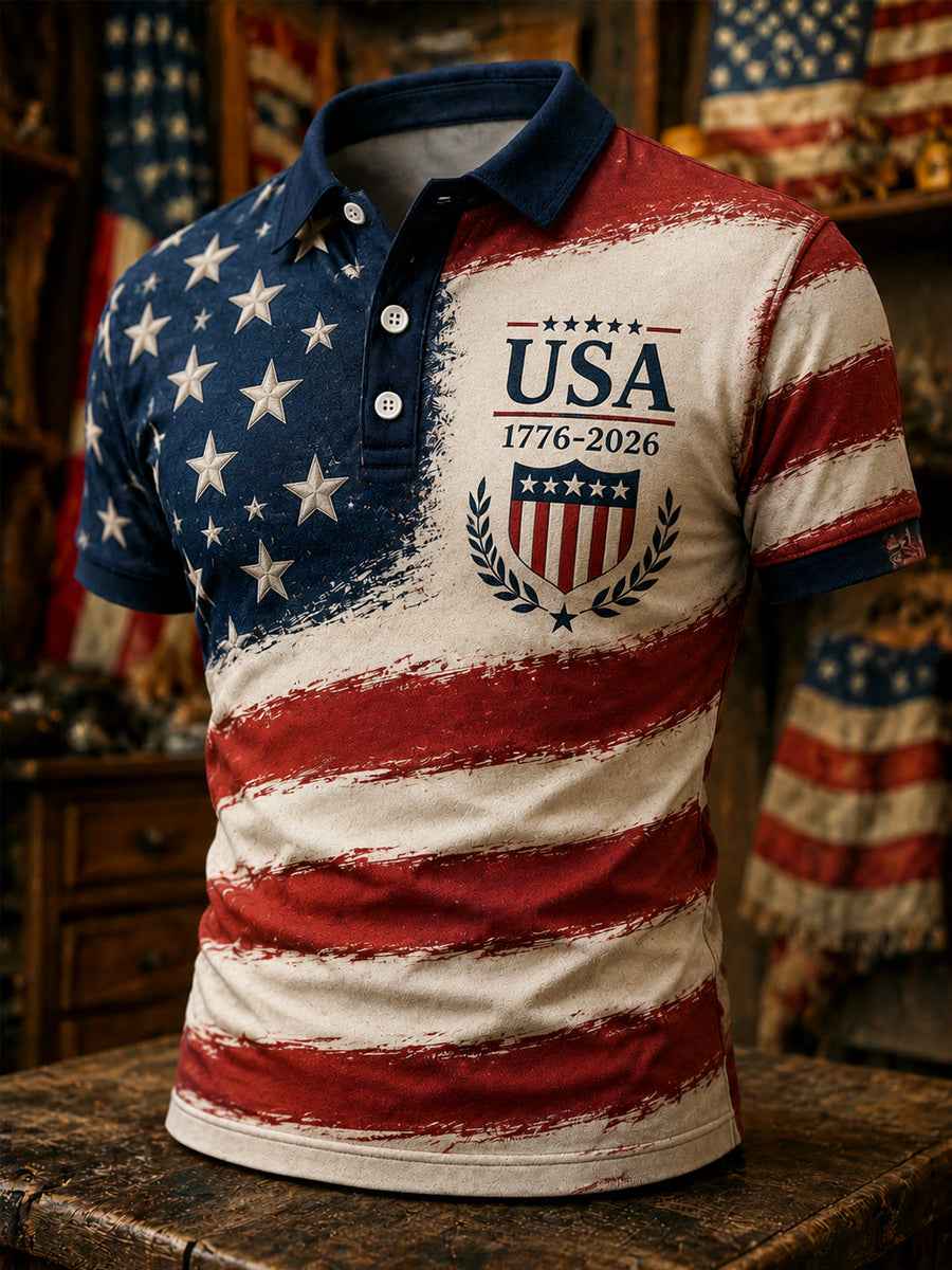 Men's Independence Day USA Flag Print Casual Patriotic Polo