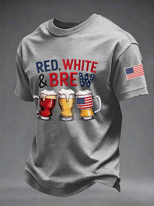 Men's Funny 4th Of July Red White & Brew Print Casual Tee