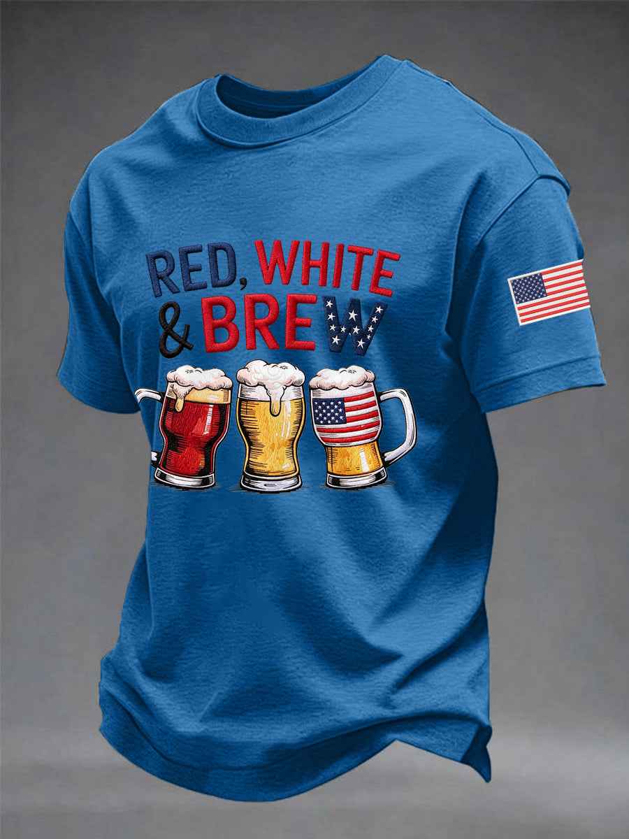 Men's Funny 4th Of July Red White & Brew Print Casual Tee