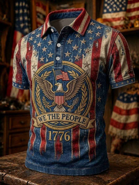 Men's Independence Day We The People USA Flag Print Casual Patriotic Polo