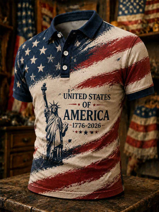 Men's Independence Day USA Flag Print Casual Patriotic Polo