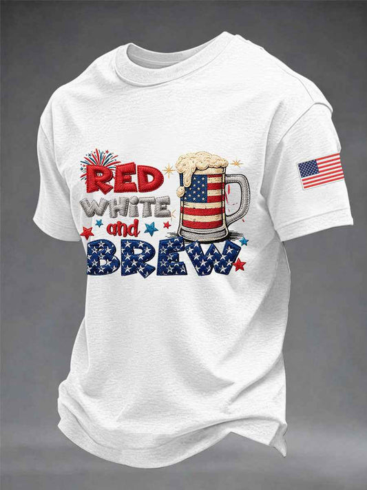 Men's Funny 4th Of July Red White & Brew Print Casual Tee