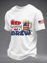 Men's Funny 4th Of July Red White & Brew Print Casual Tee
