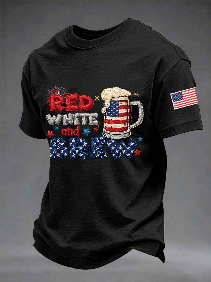 Men's Funny 4th Of July Red White & Brew Print Casual Tee