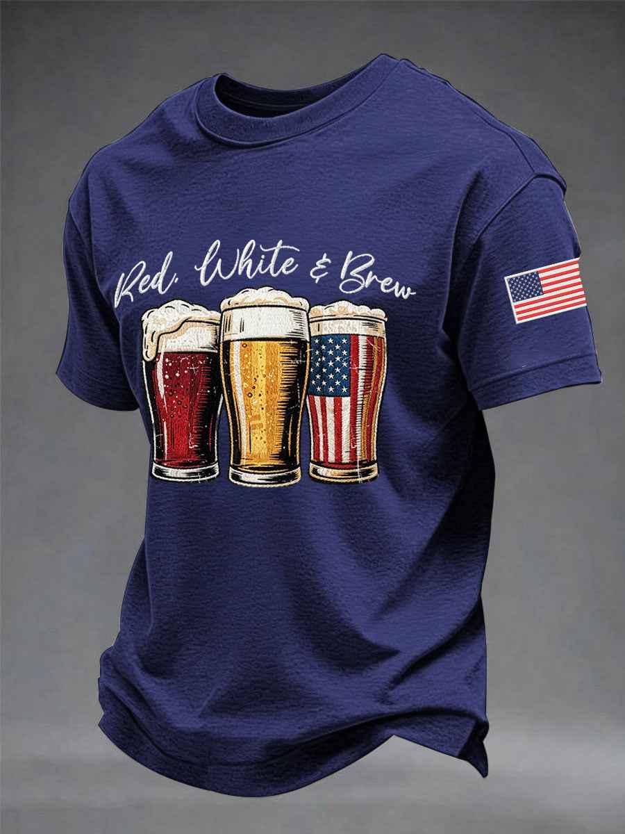 Men's Funny 4th Of July Red White & Brew Print Casual Tee