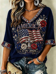 Women's America 1776-2026 Flag & Cross Glitter Floral Print Waffle T-shirt
