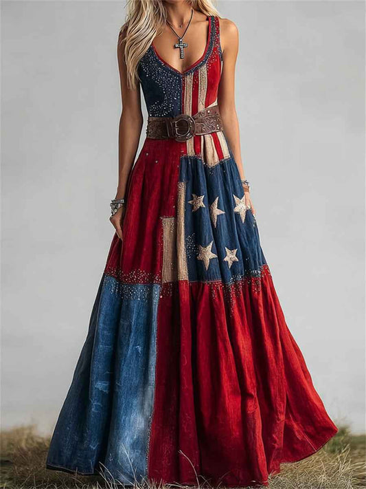 Women's Vintage American Flag Inspired Colorblock Art Print Flowy Maxi Dress