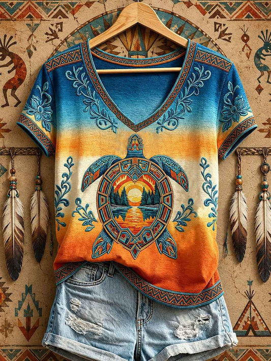 Women's Indigenous Sea Turtle Art V-Neck T-Shirts