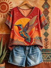 Women's Native Hummingbird Art V-Neck Tops