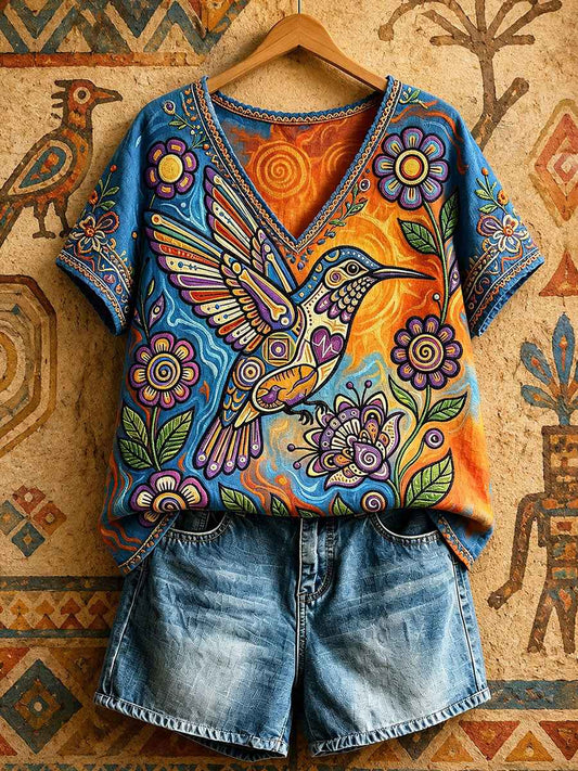 Women's Native Hummingbird Art V-Neck Tops
